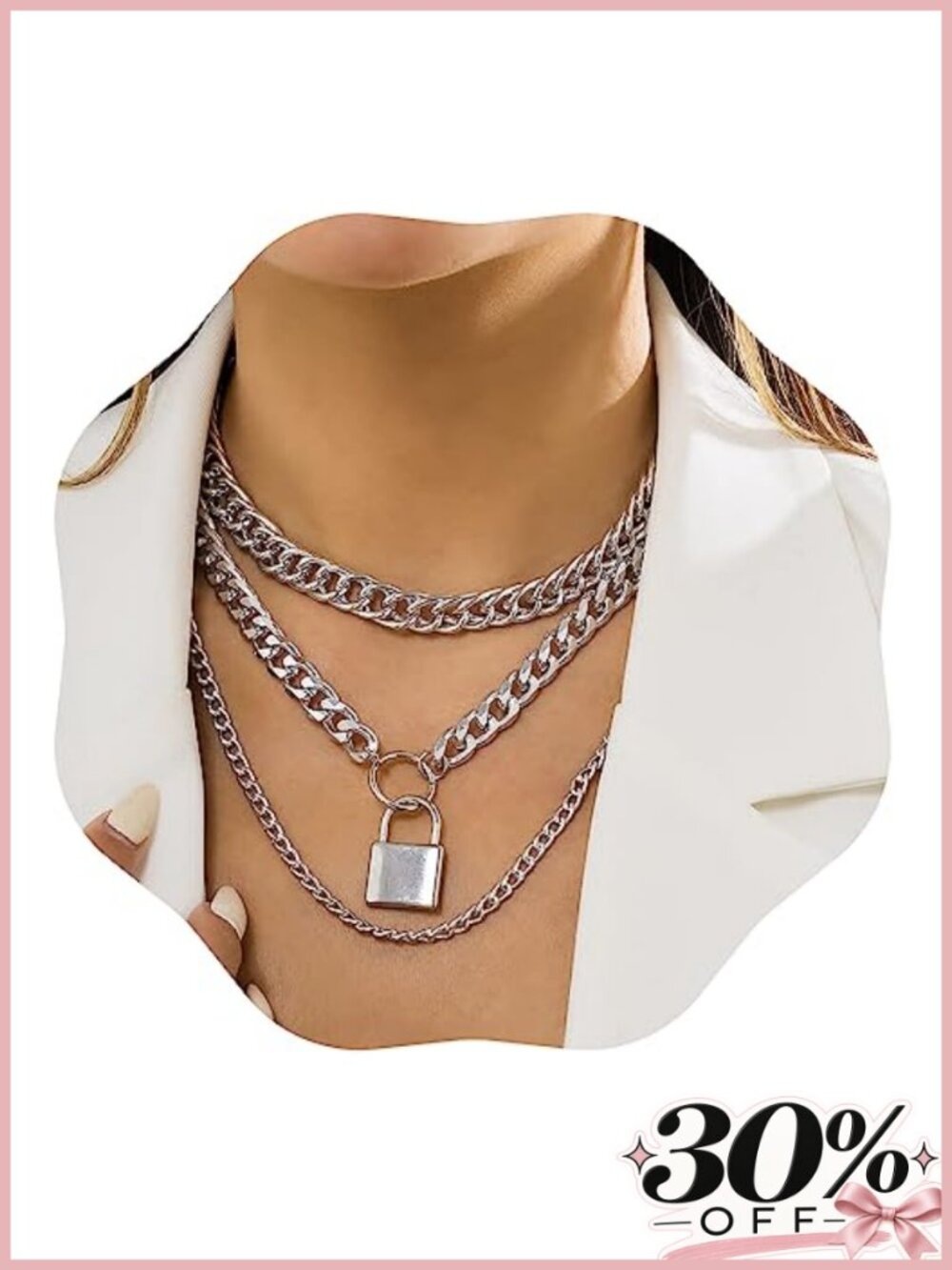 Chunky Cuban Link Layered Choker Necklace Set with Lock Pendant, Alloy, Punk